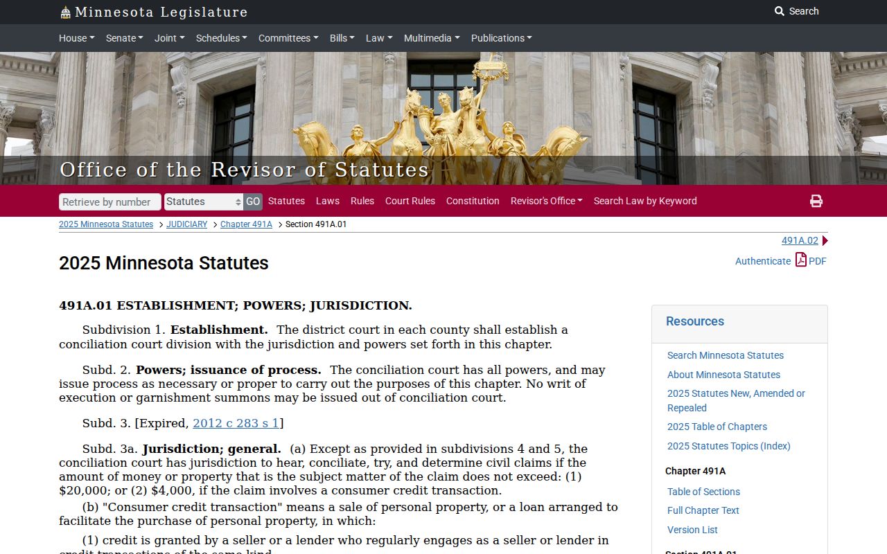 Lake of the Woods civil dockets Conciliation Court jurisdiction statute