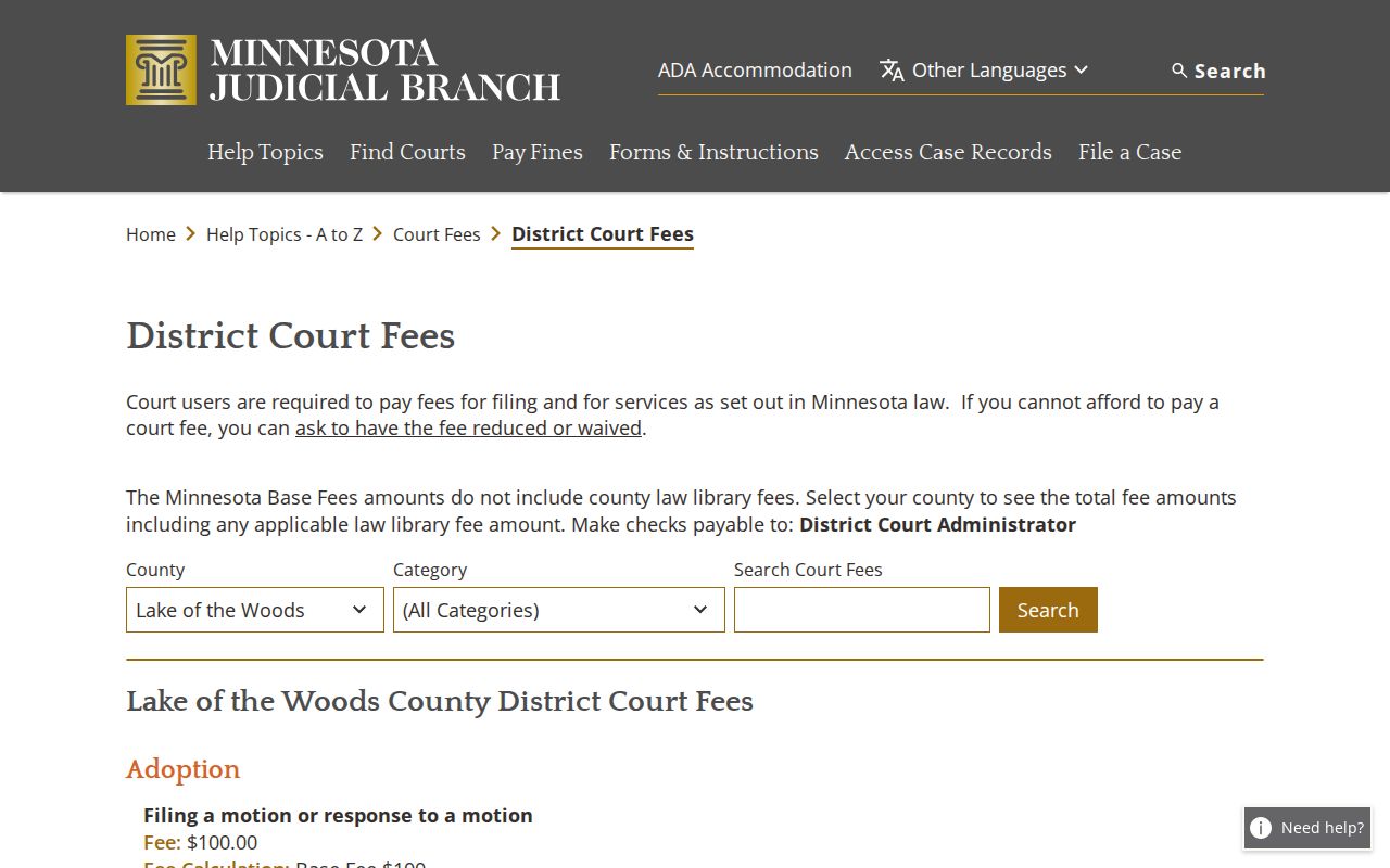 Lake of the Woods civil dockets county District Court fee information