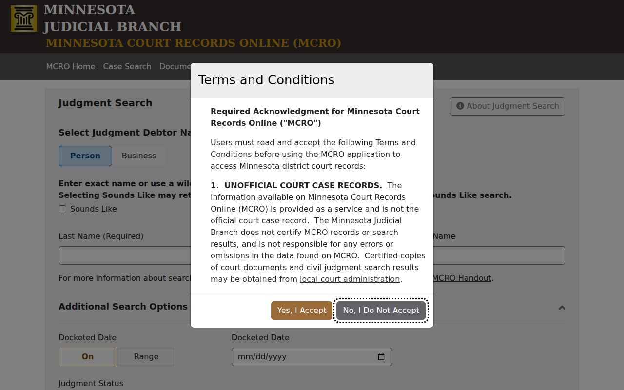 Lake of the Woods civil dockets MCRO Judgment Search interface