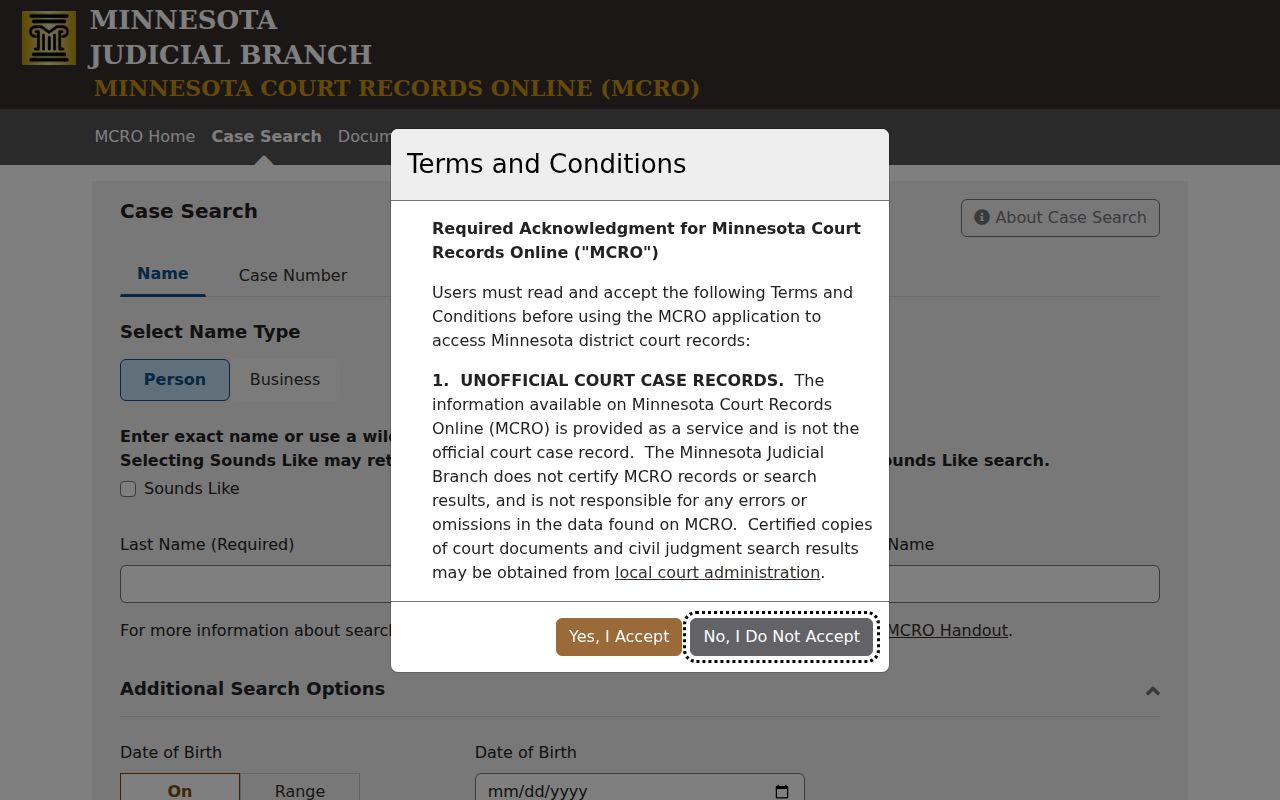 Lake of the Woods criminal dockets MCRO Case Search interface