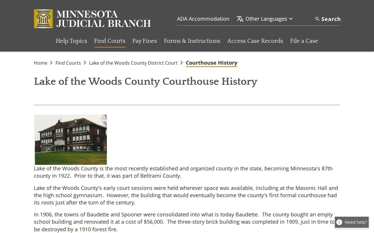 Lake of the Woods County court docket courthouse history source
